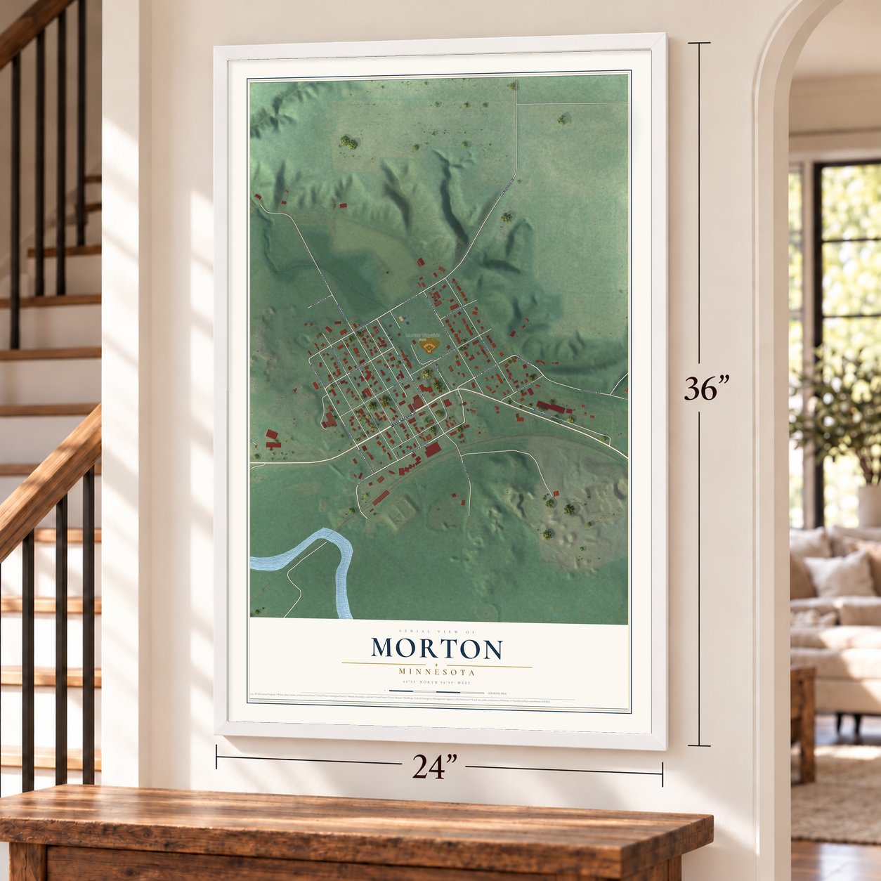 Morton, Minnesota map, 24 x 36 inch print in a white frame by a staircase