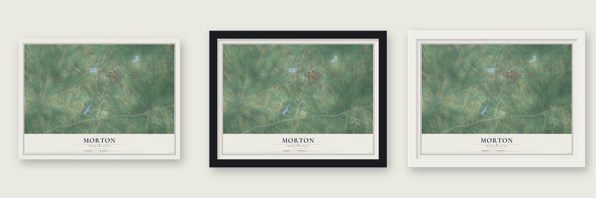 Morton, Mississippi map unframed, in a black wood frame and in a white wood frame