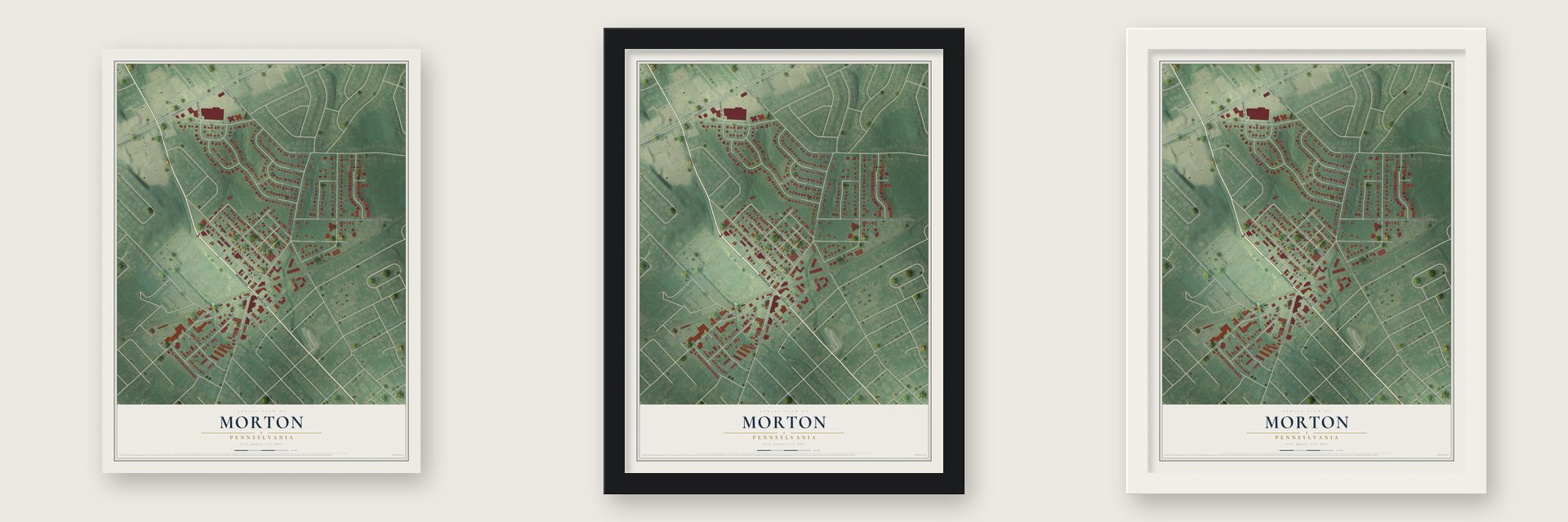 Morton, Pennsylvania map unframed, in a black wood frame and in a white wood frame