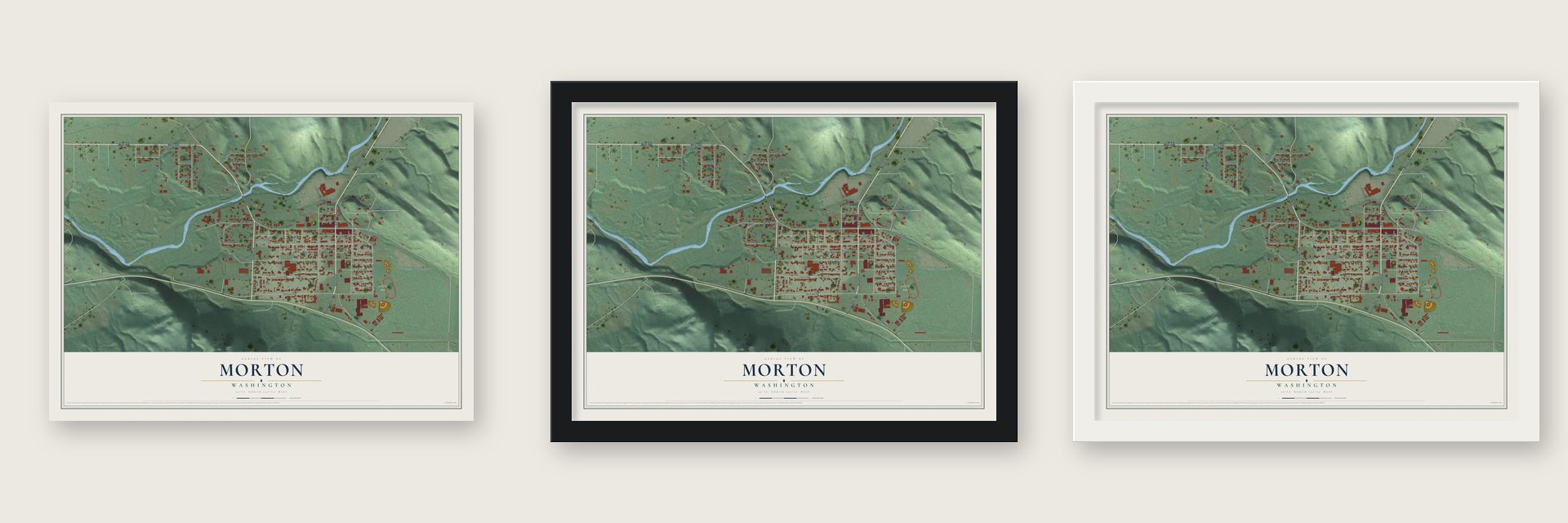 Morton, Washington map unframed, in a black wood frame and in a white wood frame