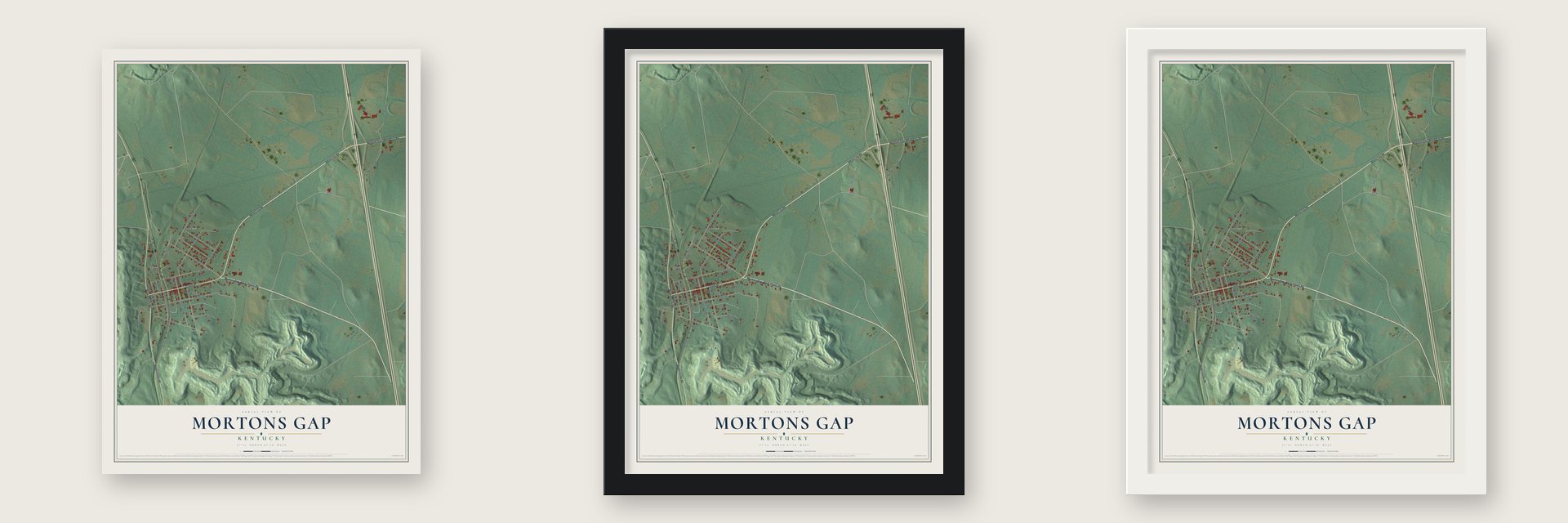 Mortons Gap, Kentucky map unframed, in a black wood frame and in a white wood frame
