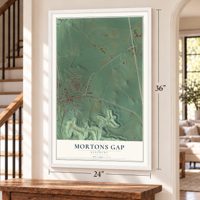 Mortons Gap, Kentucky map, 24 x 36 inch print in a white frame by a staircase