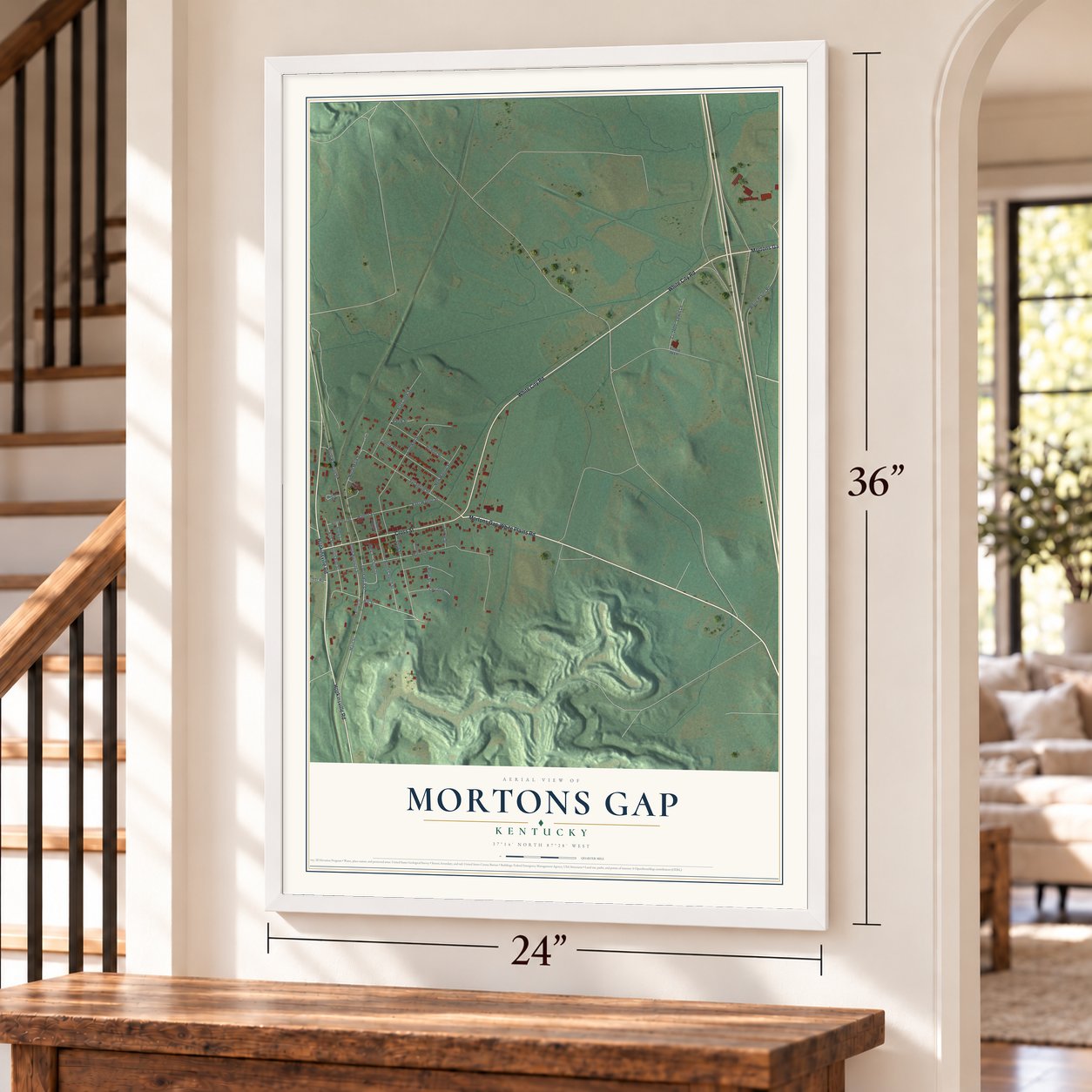 Mortons Gap, Kentucky map, 24 x 36 inch print in a white frame by a staircase