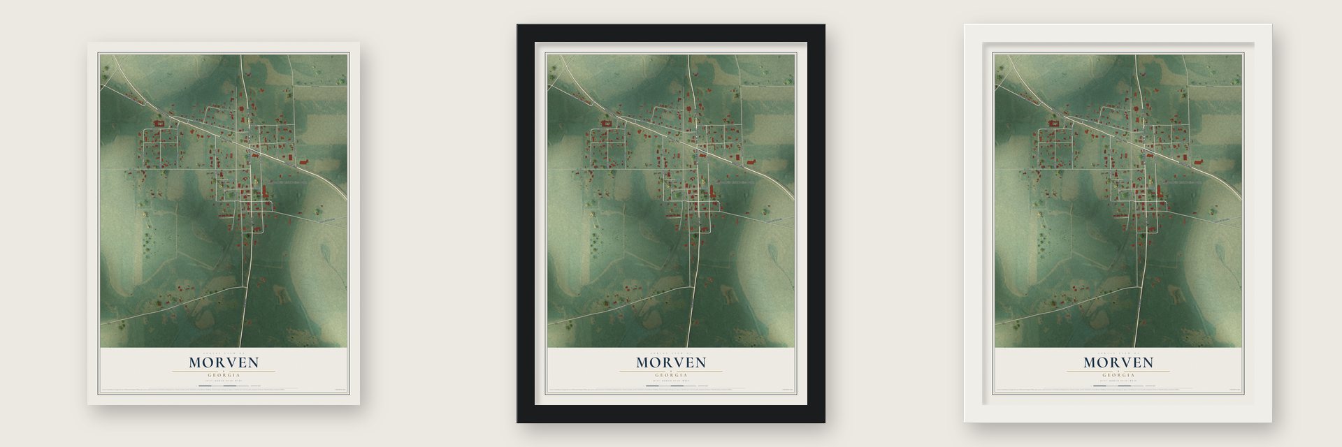 Morven, Georgia map unframed, in a black wood frame and in a white wood frame