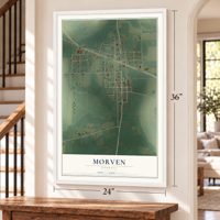 Morven, Georgia map, 24 x 36 inch print in a white frame by a staircase