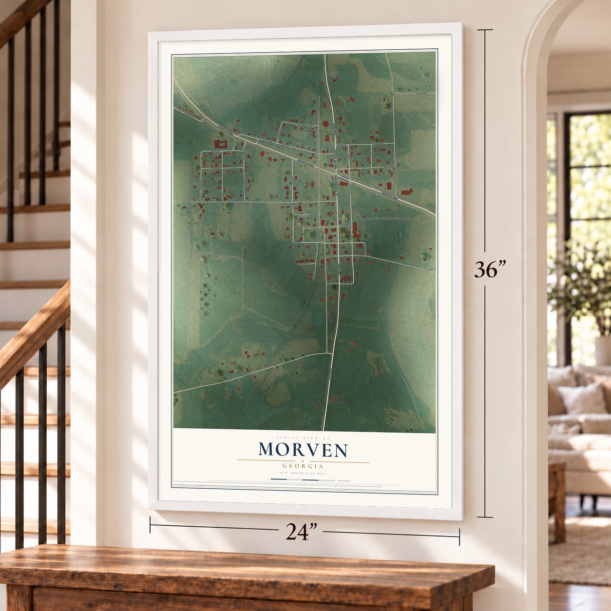 Morven, Georgia map, 24 x 36 inch print in a white frame by a staircase