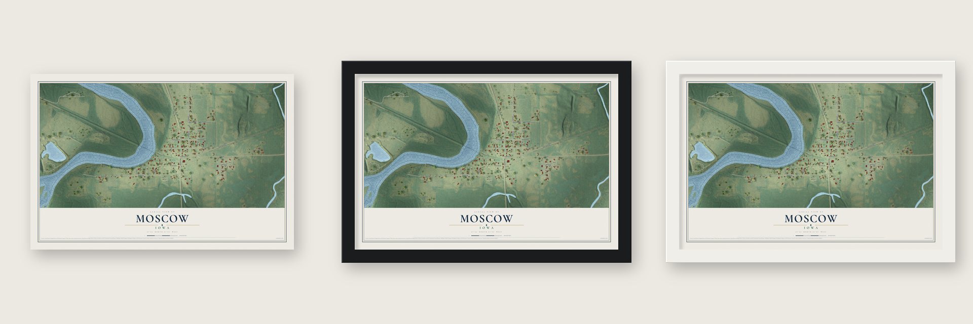 Moscow, Iowa map unframed, in a black wood frame and in a white wood frame