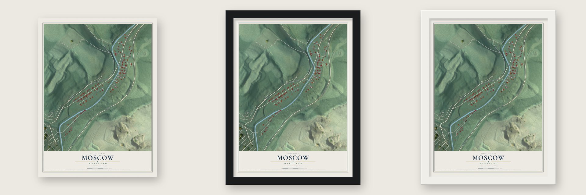 Moscow, Maryland map unframed, in a black wood frame and in a white wood frame
