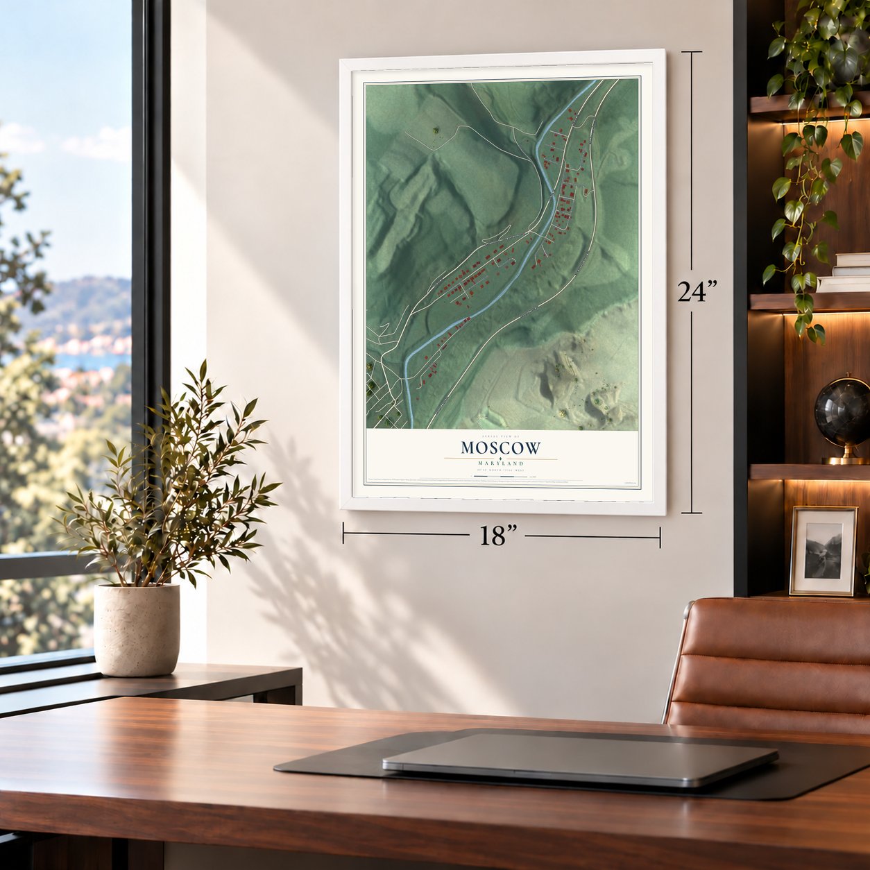 Moscow, Maryland map, 18 x 24 inch print in a white frame in a home office