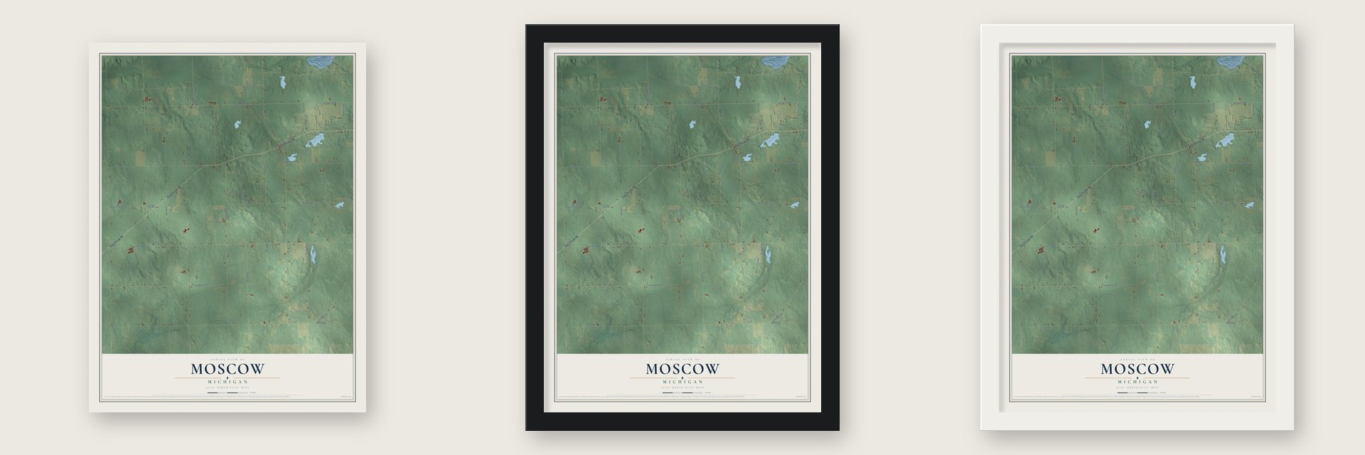Moscow, Michigan map unframed, in a black wood frame and in a white wood frame