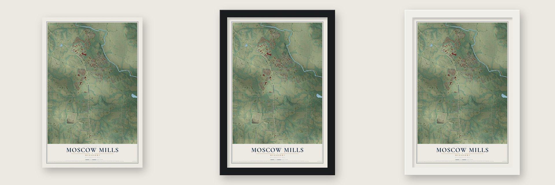 Moscow Mills, Missouri map unframed, in a black wood frame and in a white wood frame