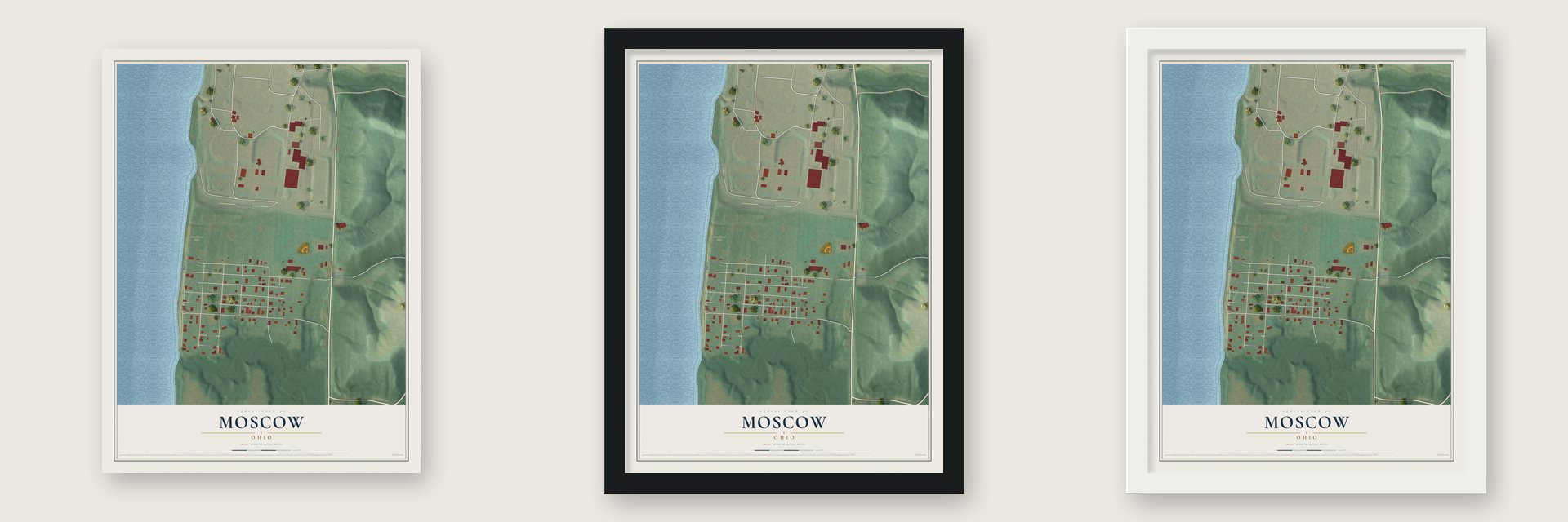 Moscow, Ohio map unframed, in a black wood frame and in a white wood frame