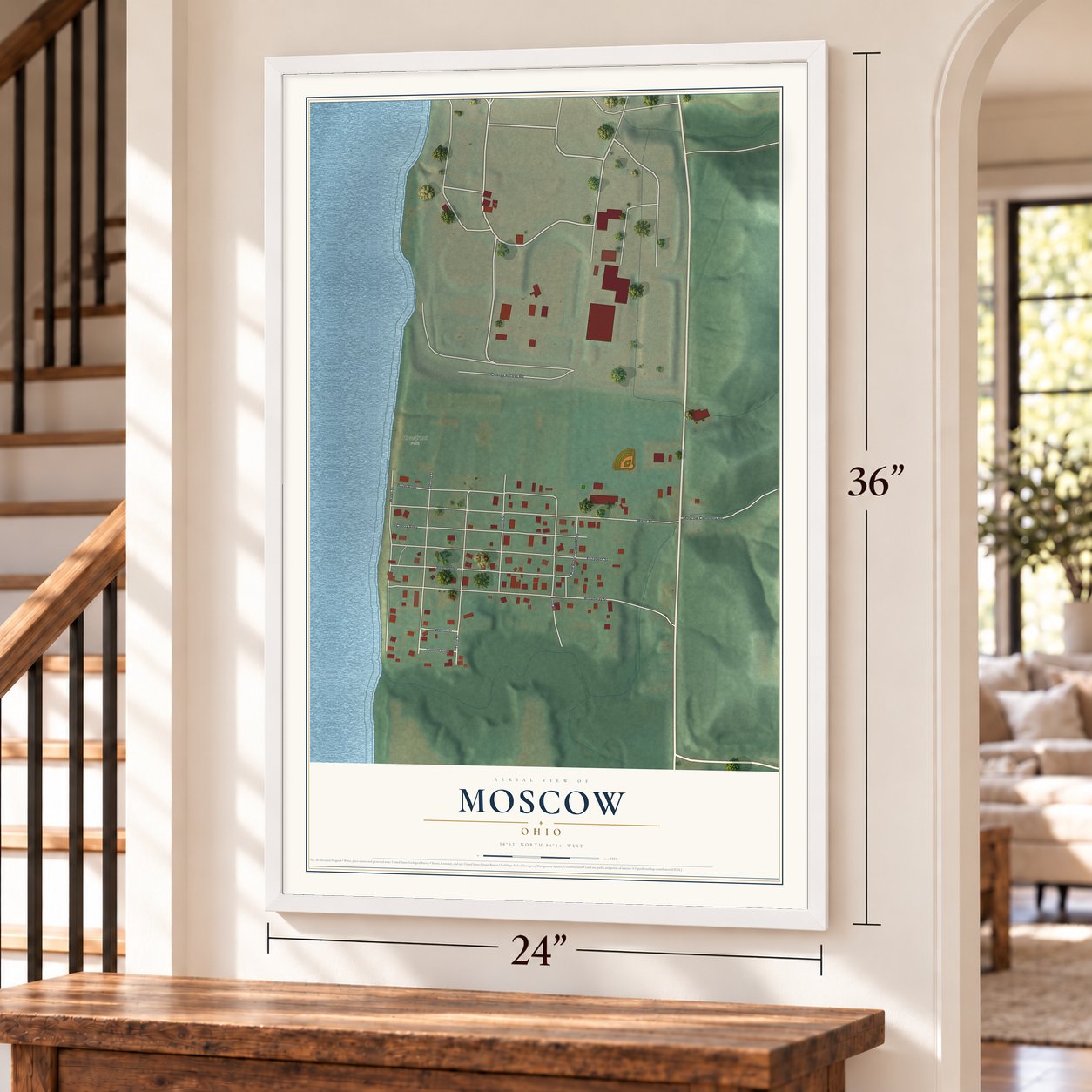 Moscow, Ohio map, 24 x 36 inch print in a white frame by a staircase