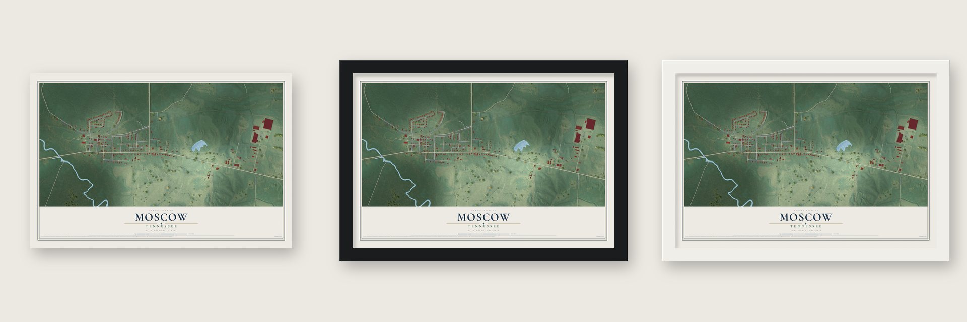 Moscow, Tennessee map unframed, in a black wood frame and in a white wood frame