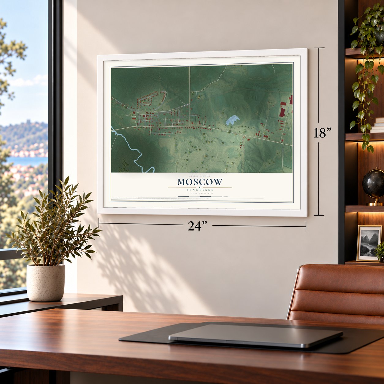 Moscow, Tennessee map, 18 x 24 inch print in a white frame in a home office