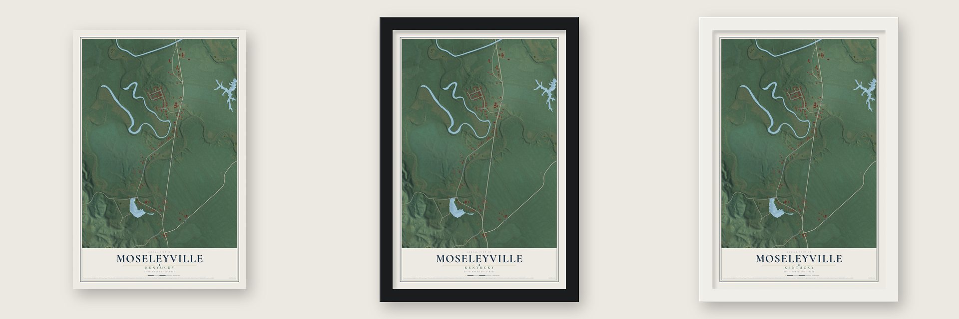 Moseleyville, Kentucky map unframed, in a black wood frame and in a white wood frame