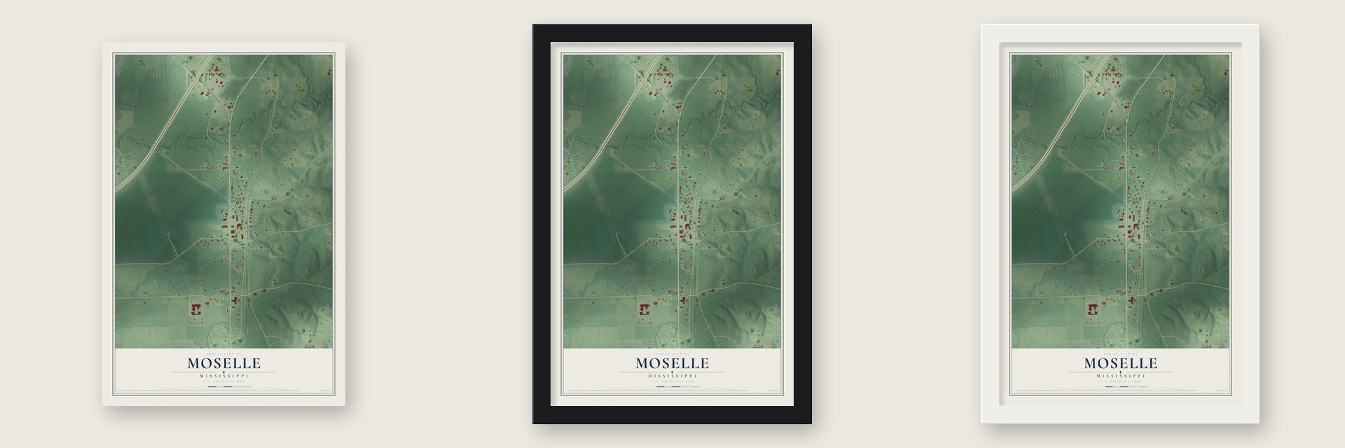 Moselle, Mississippi map unframed, in a black wood frame and in a white wood frame