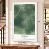 Moselle, Mississippi map, 24 x 36 inch print in a white frame by a staircase