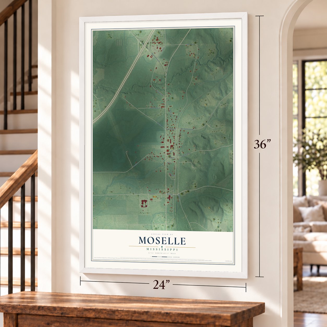 Moselle, Mississippi map, 24 x 36 inch print in a white frame by a staircase