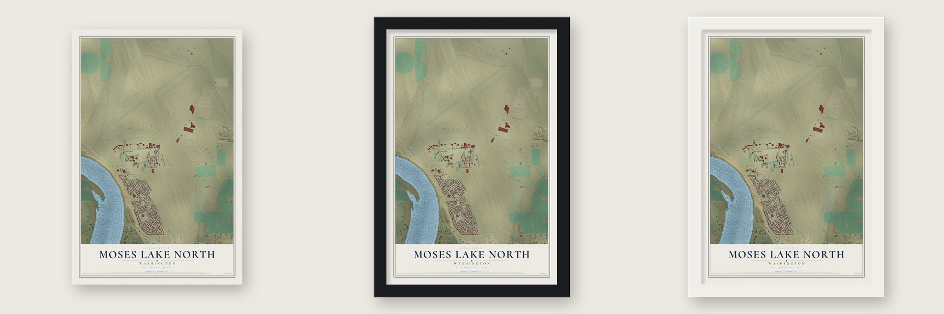 Moses Lake North, Washington map unframed, in a black wood frame and in a white wood frame