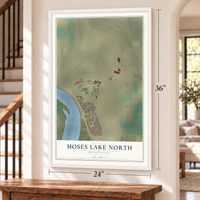 Moses Lake North, Washington map, 24 x 36 inch print in a white frame by a staircase