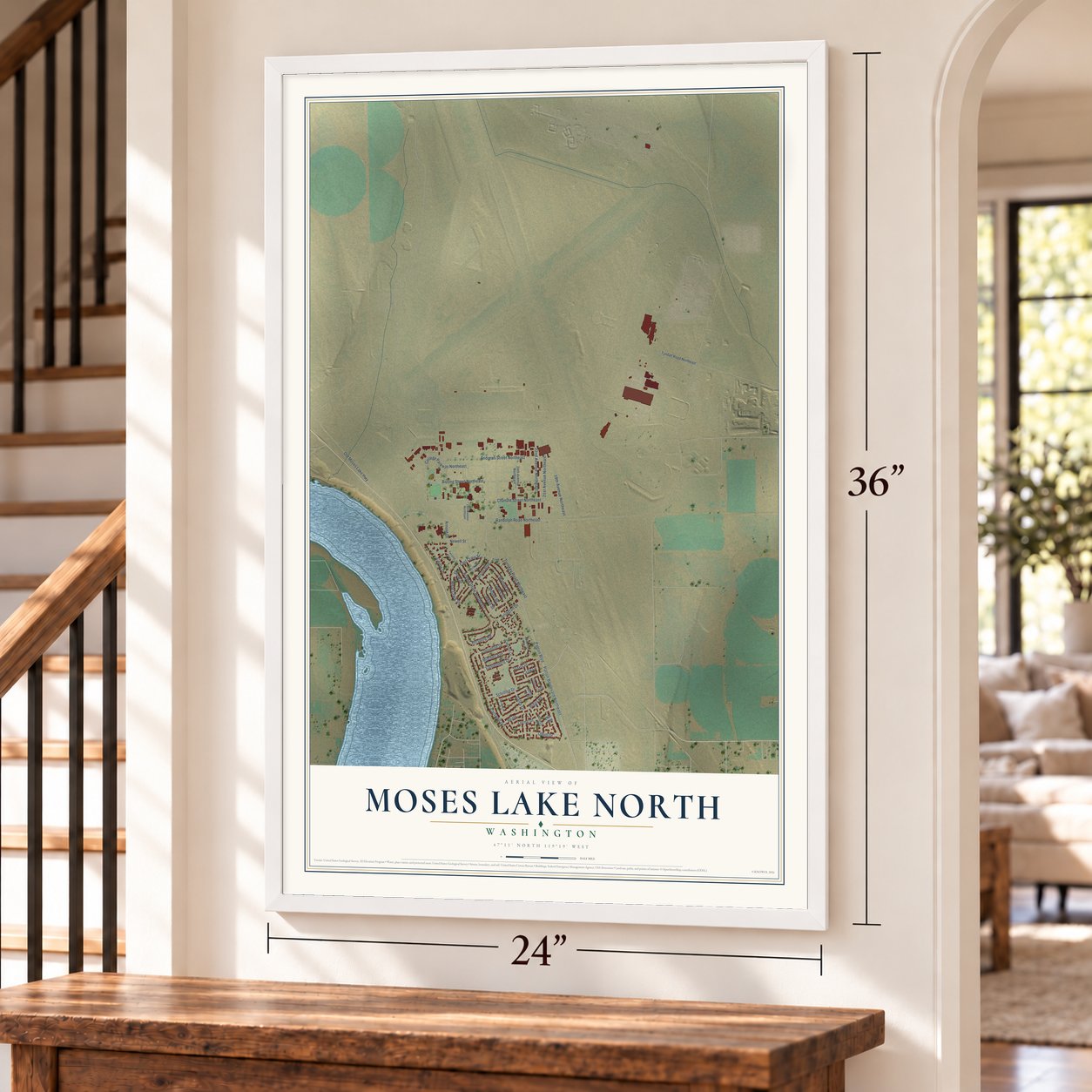 Moses Lake North, Washington map, 24 x 36 inch print in a white frame by a staircase