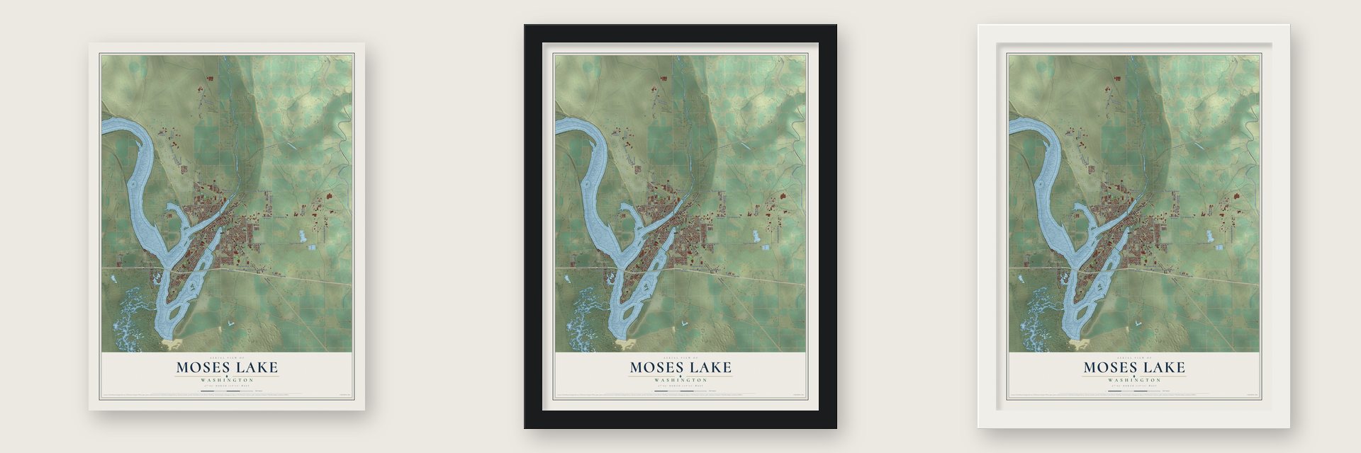 Moses Lake, Washington map unframed, in a black wood frame and in a white wood frame