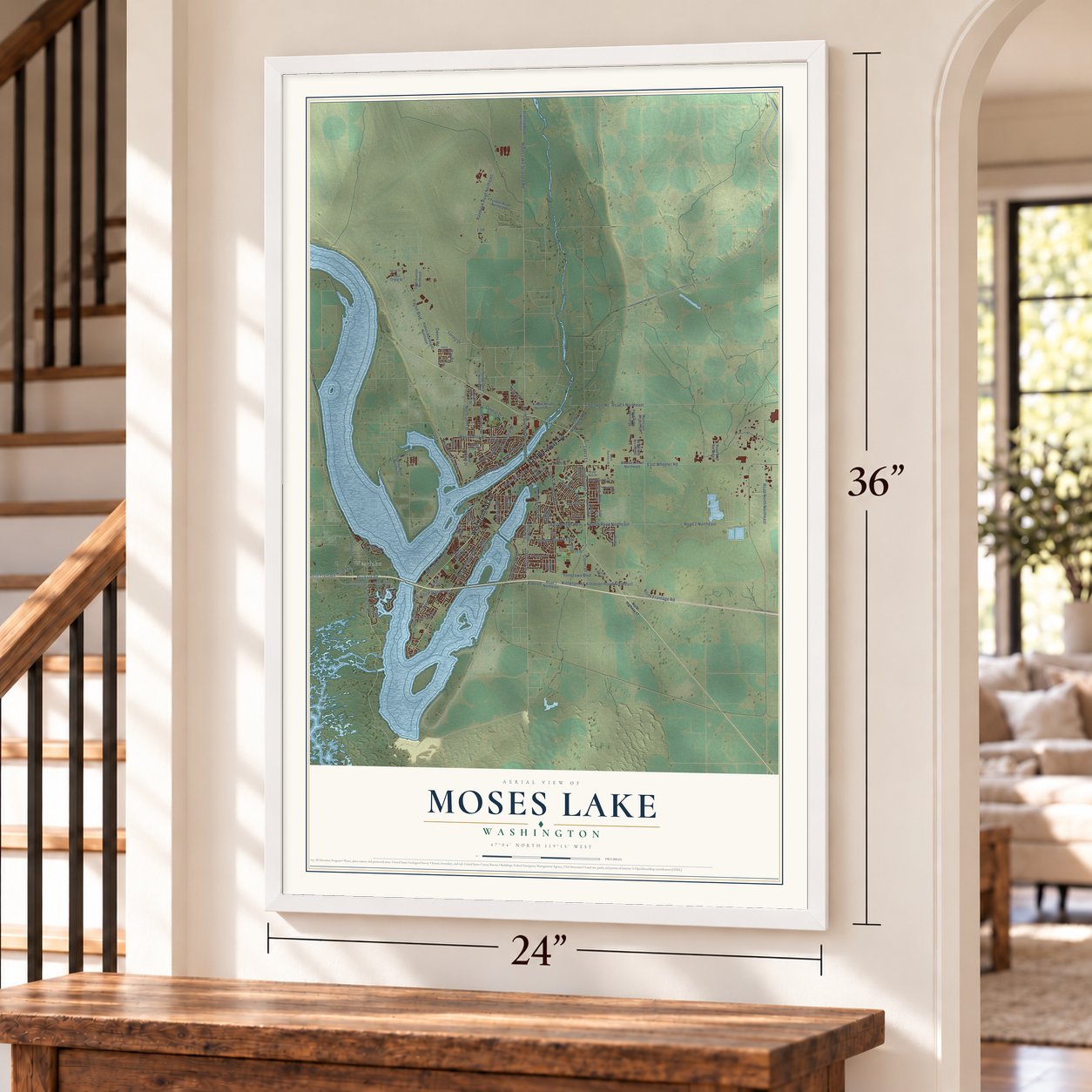 Moses Lake, Washington map, 24 x 36 inch print in a white frame by a staircase