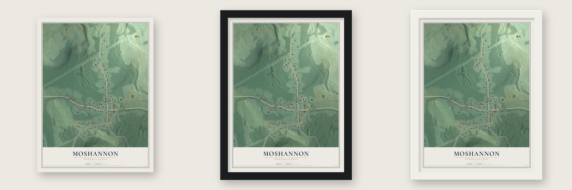 Moshannon, Pennsylvania map unframed, in a black wood frame and in a white wood frame
