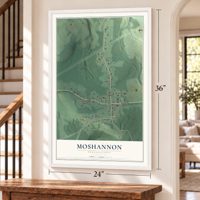 Moshannon, Pennsylvania map, 24 x 36 inch print in a white frame by a staircase