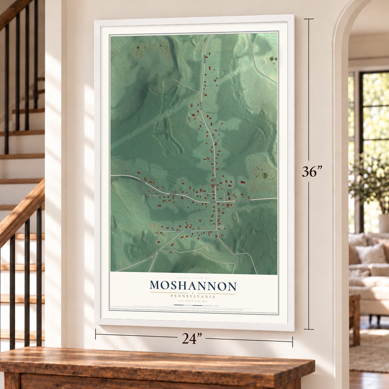 Moshannon, Pennsylvania map, 24 x 36 inch print in a white frame by a staircase