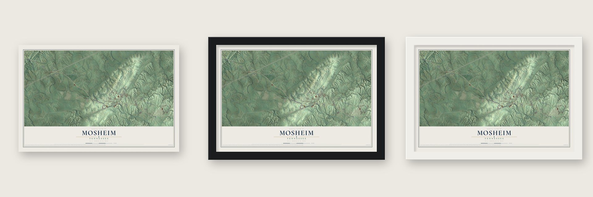 Mosheim, Tennessee map unframed, in a black wood frame and in a white wood frame