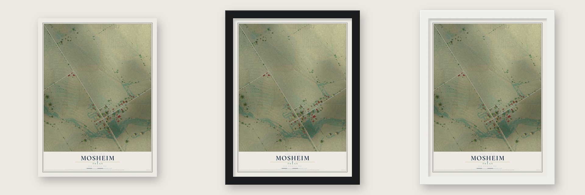 Mosheim, Texas map unframed, in a black wood frame and in a white wood frame