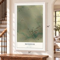 Mosheim, Texas map, 24 x 36 inch print in a white frame by a staircase
