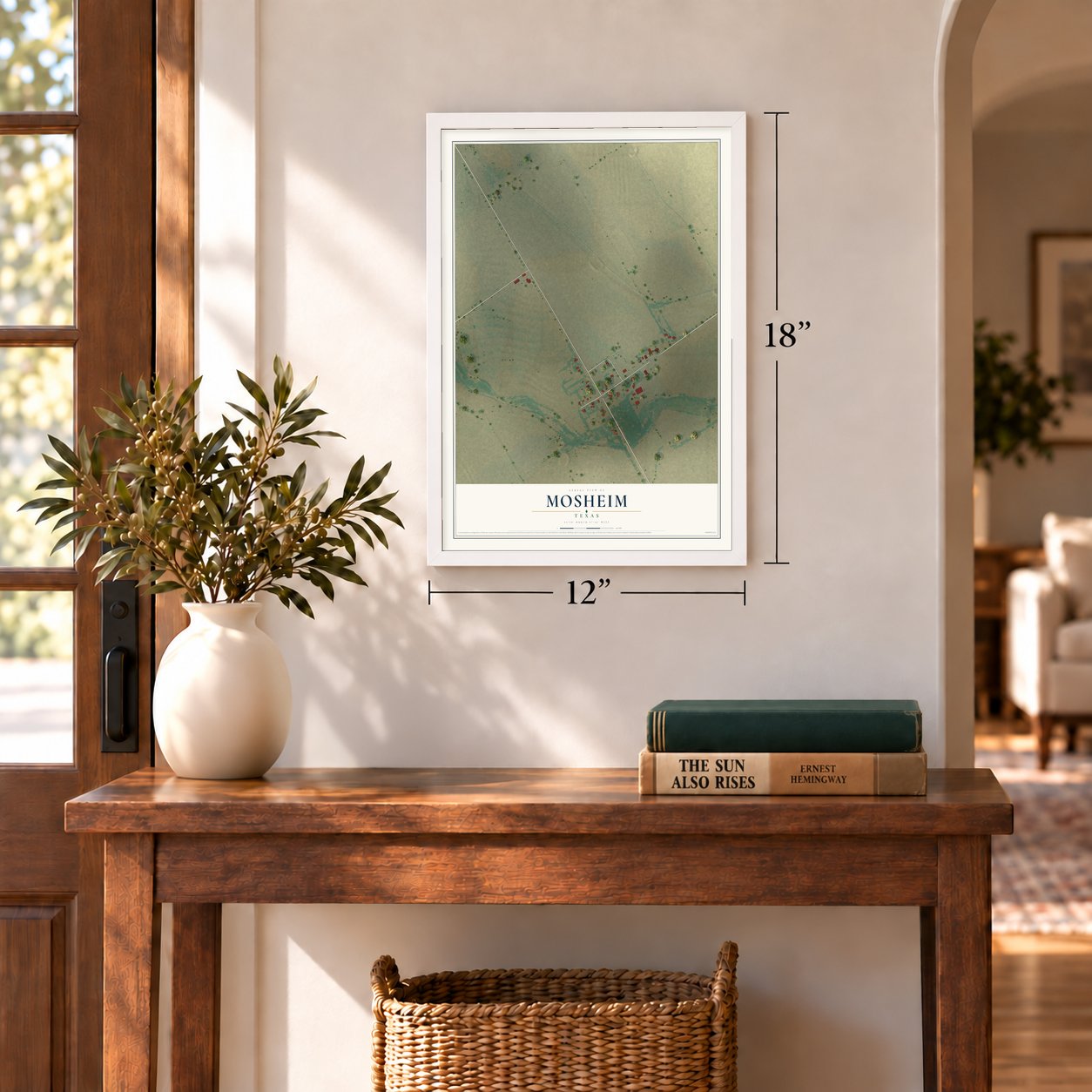 Mosheim, Texas map, 12 x 18 inch print in a white frame in an entryway