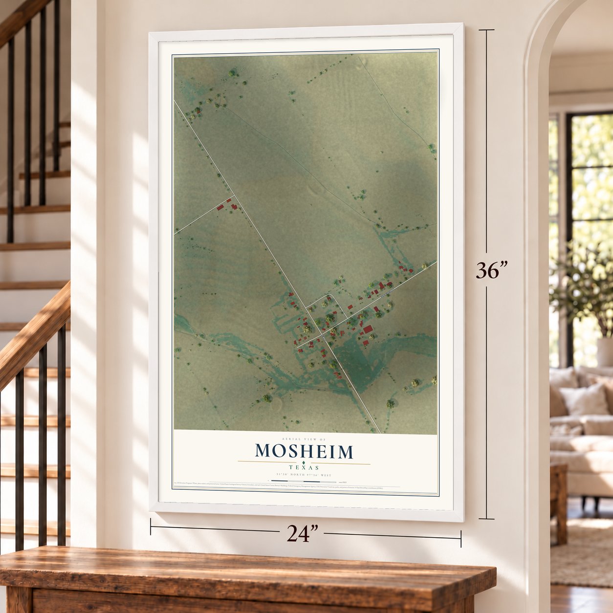 Mosheim, Texas map, 24 x 36 inch print in a white frame by a staircase