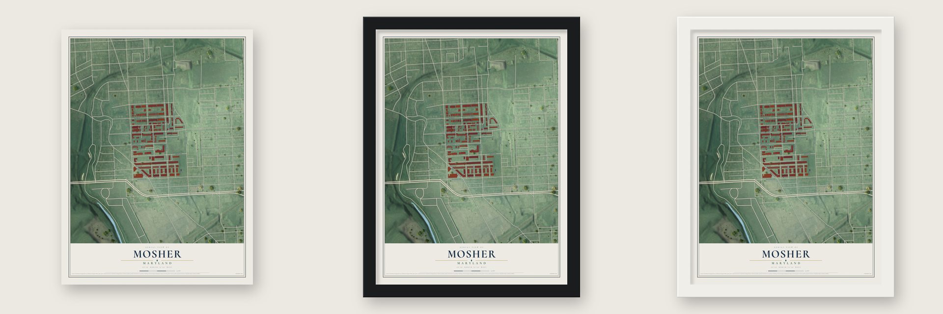 Mosher, Maryland map unframed, in a black wood frame and in a white wood frame