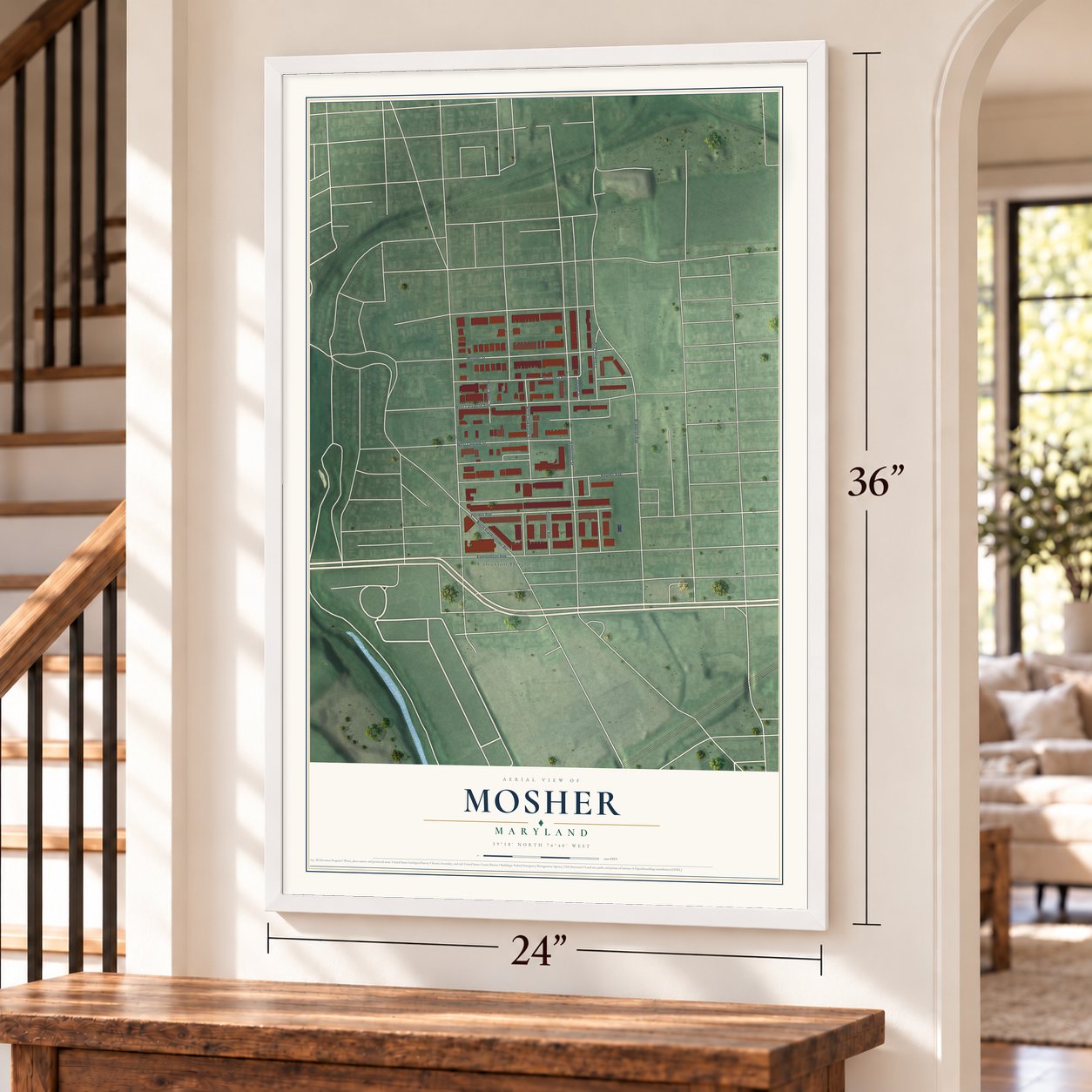 Mosher, Maryland map, 24 x 36 inch print in a white frame by a staircase