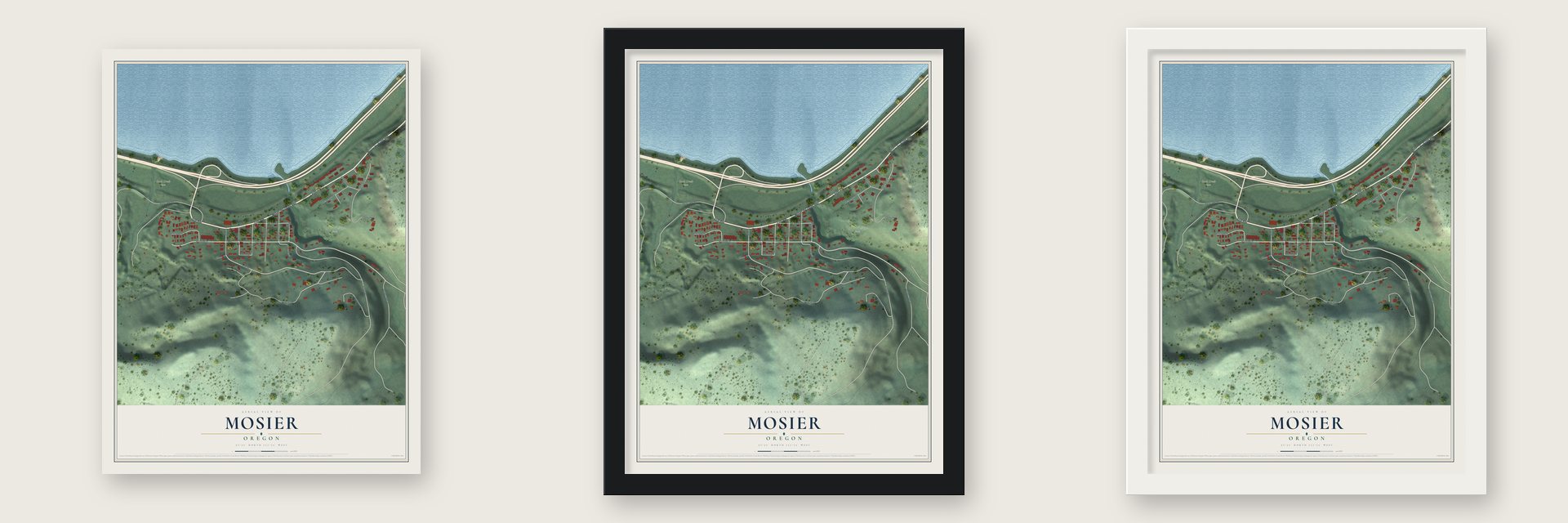 Mosier, Oregon map unframed, in a black wood frame and in a white wood frame