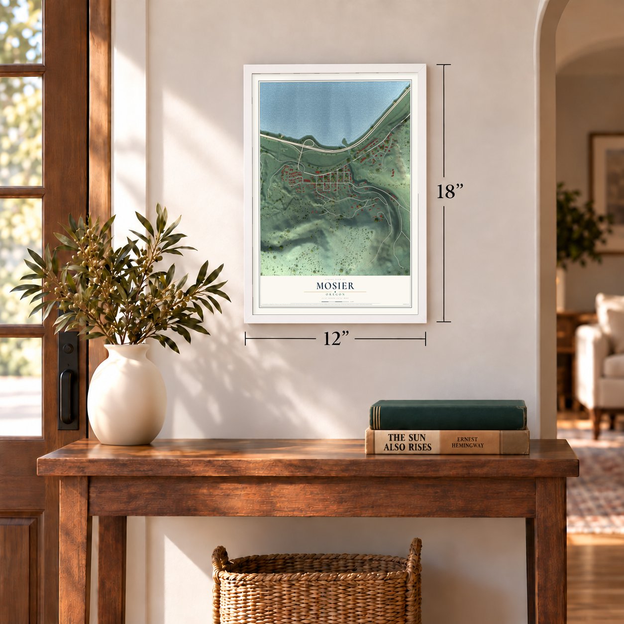 Mosier, Oregon map, 12 x 18 inch print in a white frame in an entryway