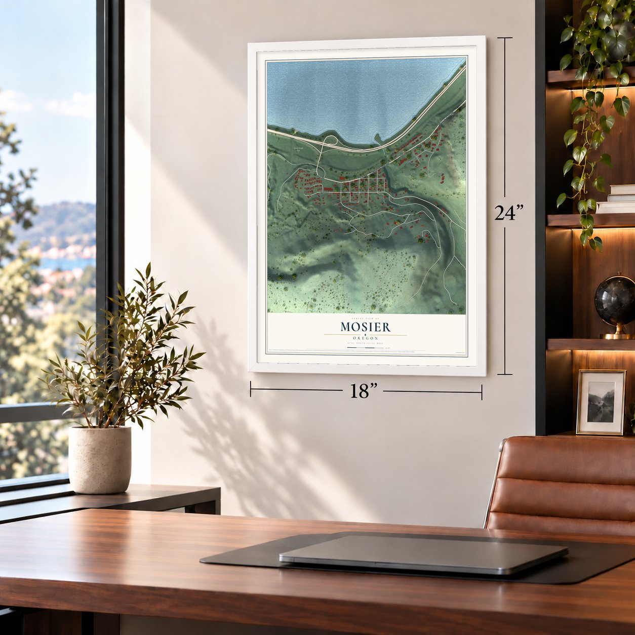 Mosier, Oregon map, 18 x 24 inch print in a white frame in a home office