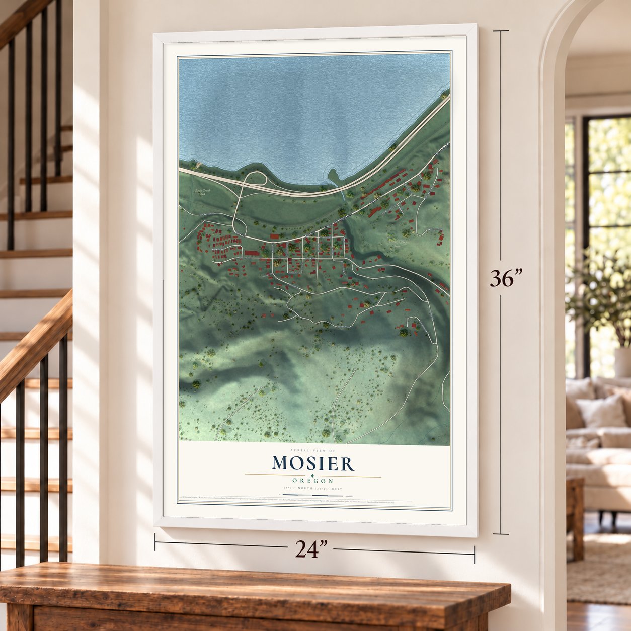 Mosier, Oregon map, 24 x 36 inch print in a white frame by a staircase