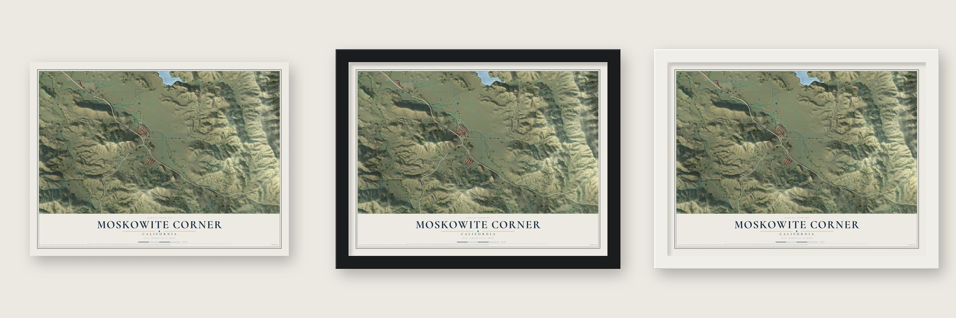 Moskowite Corner, California map unframed, in a black wood frame and in a white wood frame
