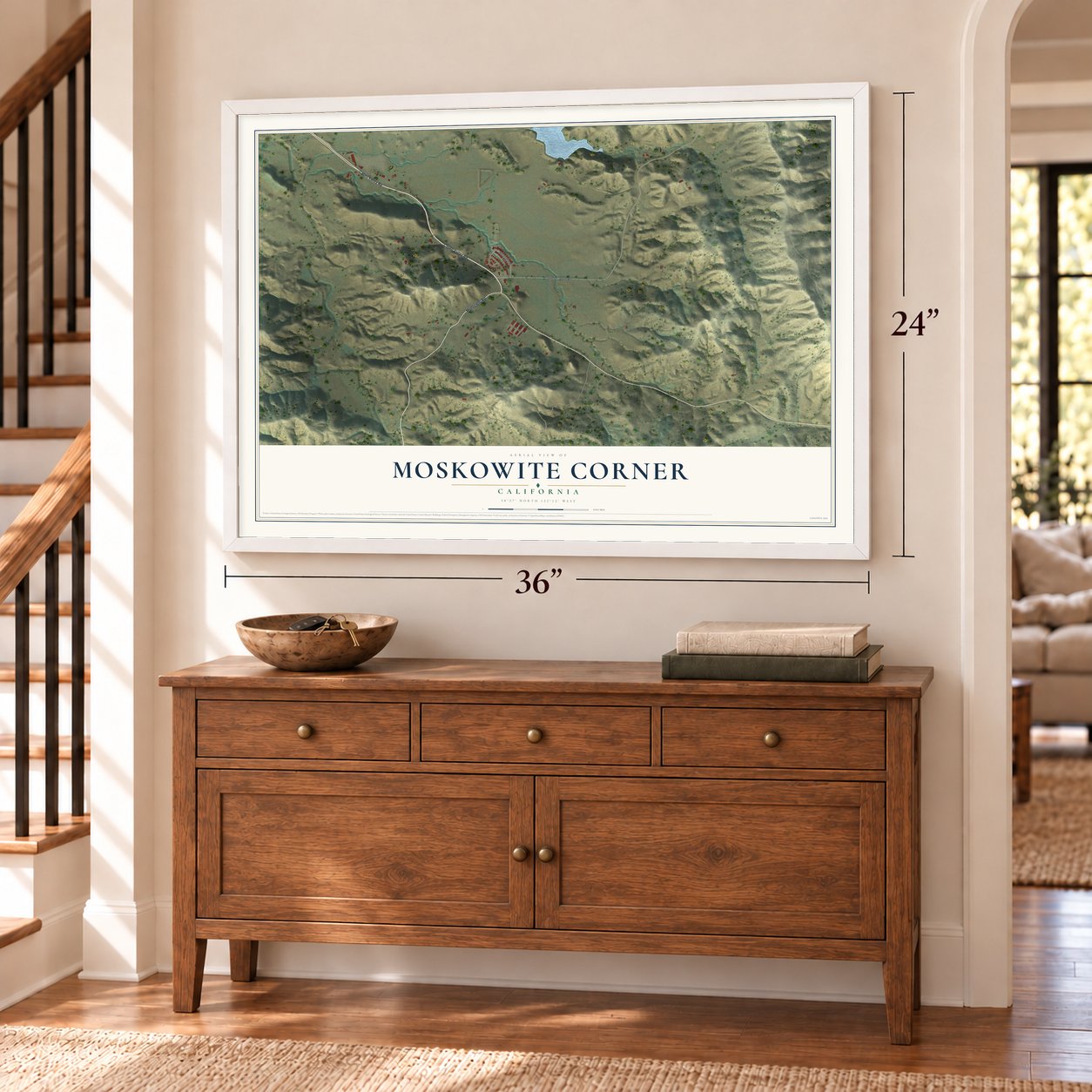 Moskowite Corner, California map, 24 x 36 inch print in a white frame above a dresser by a staircase