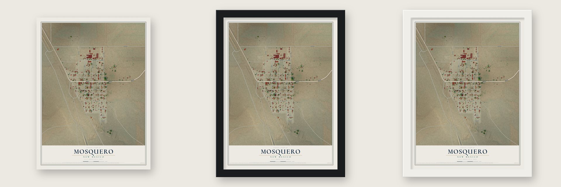 Mosquero, New Mexico map unframed, in a black wood frame and in a white wood frame