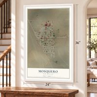 Mosquero, New Mexico map, 24 x 36 inch print in a white frame by a staircase