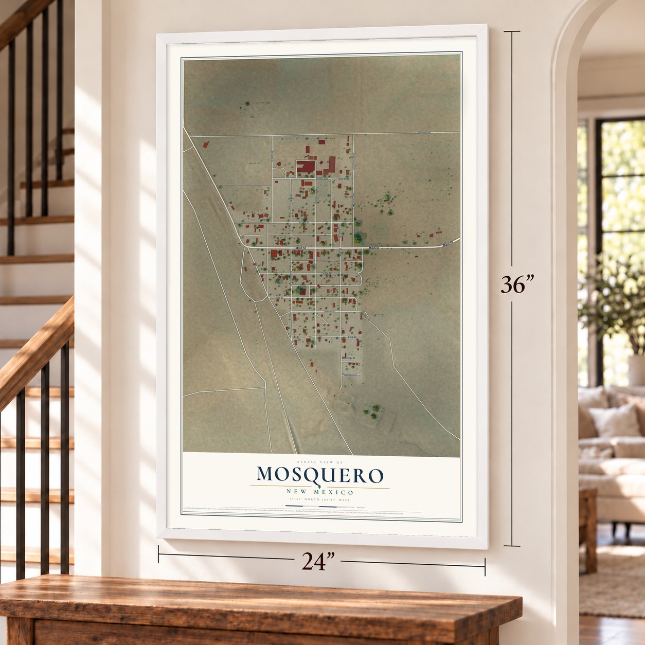 Mosquero, New Mexico map, 24 x 36 inch print in a white frame by a staircase