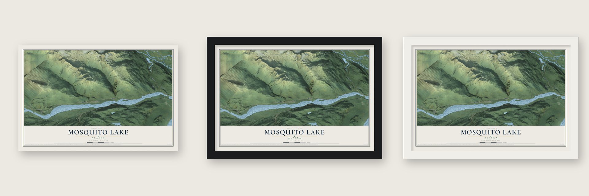 Mosquito Lake, Alaska map unframed, in a black wood frame and in a white wood frame
