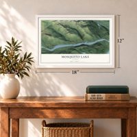 Mosquito Lake, Alaska map, 12 x 18 inch print in a white frame in an entryway