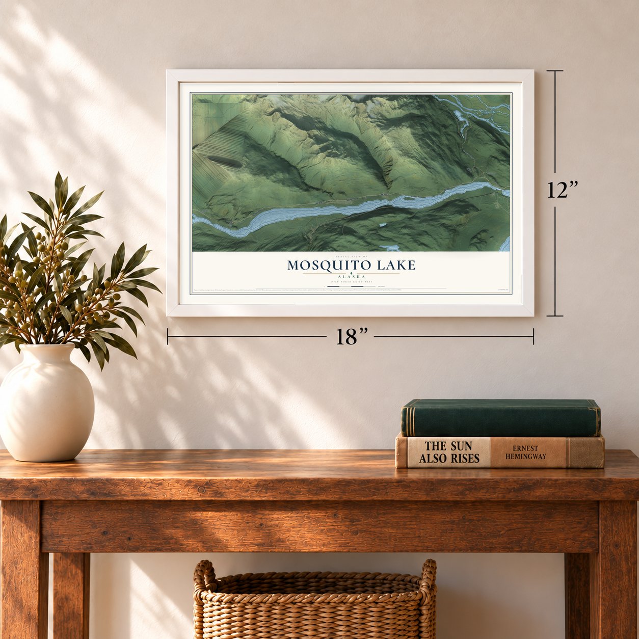 Mosquito Lake, Alaska map, 12 x 18 inch print in a white frame in an entryway